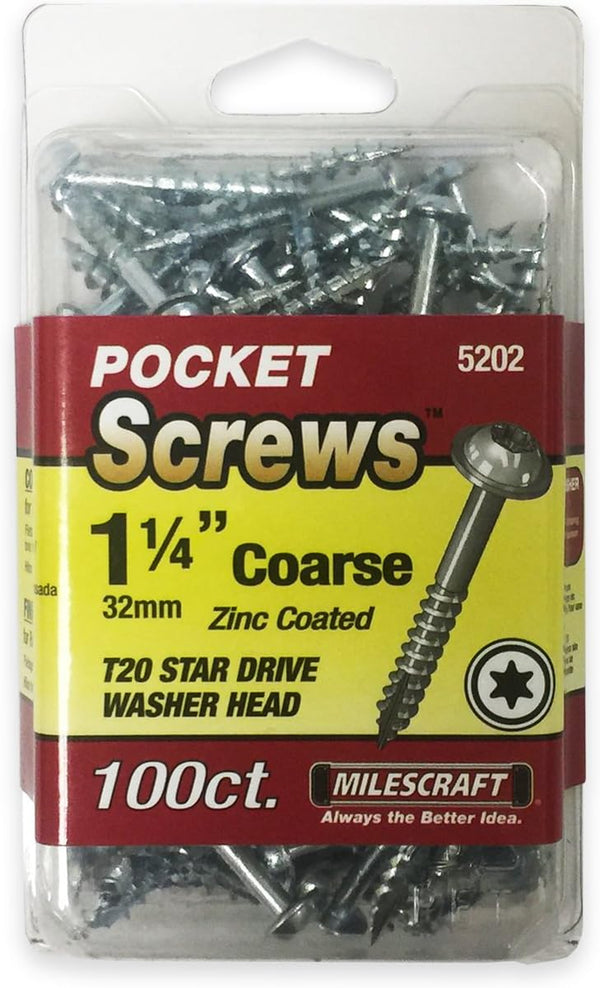 Milescraft 5202 Wood Pocket Hole Screws - #7 X 1-1/4" Washer Head with Coarse Thread (100Pc.), Torx Drive Self-Tapping, for Indoor Use