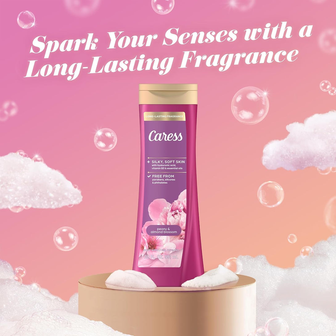 Caress Body Wash for Women, Peony & Almond Blossom, Shower Gel Moisturizing Body Wash for Fresh, Smooth Skin to Soothe and Unwind, 20 Fl Oz, (Pack of 4)