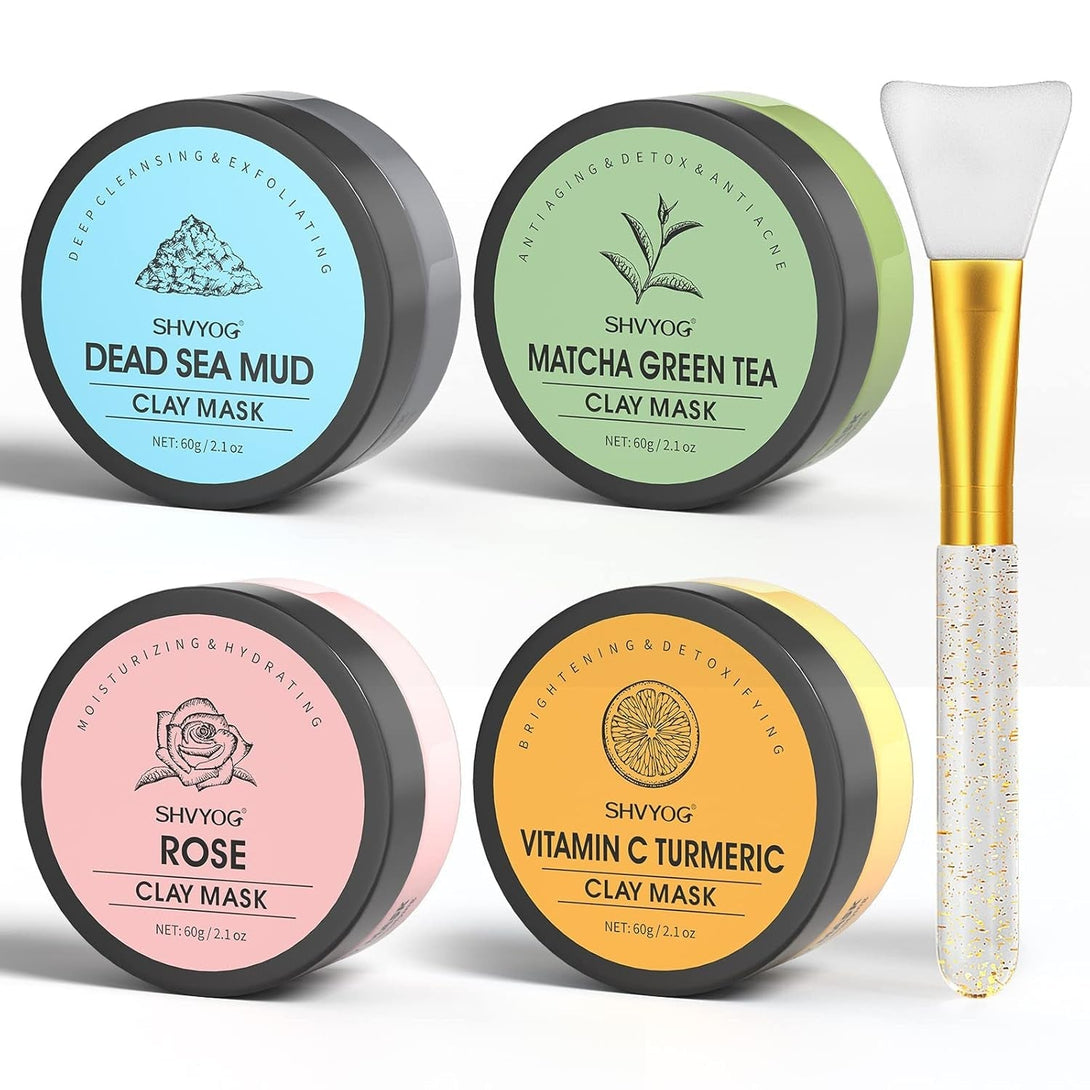 4 Pcs Clay Facial Mask Set - Turmeric, Vitamin C, Green Tea, Dead Sea Mud, and Rose Clay Skin Care Mask for Deep Cleansing, Moisturizing, and Refining Pores - 240G