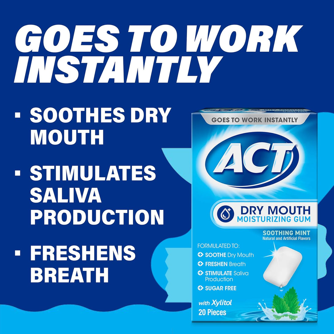 ACT Dry Mouth Moisturizing Gum, 20 Pieces, with Xylitol, Sugar Free Soothing Mint