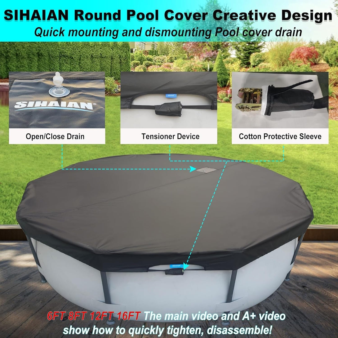 12 Ft Pool Cover, with Automatic Drain round Pool Cover, One-Piece Quick Installation and Removal above Ground Pool Cover, Preventing Waterlogging, UV Protected Solar Swimming Pool Cover