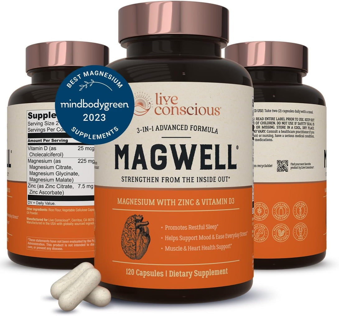 Live Conscious Magwell Magnesium Zinc & Vitamin D3 - Magnesium Glycinate, Malate, & Citrate - Triple Supplement for Women & Men - for Sleep, Bone, Heart, Immune Support - 120 Caps