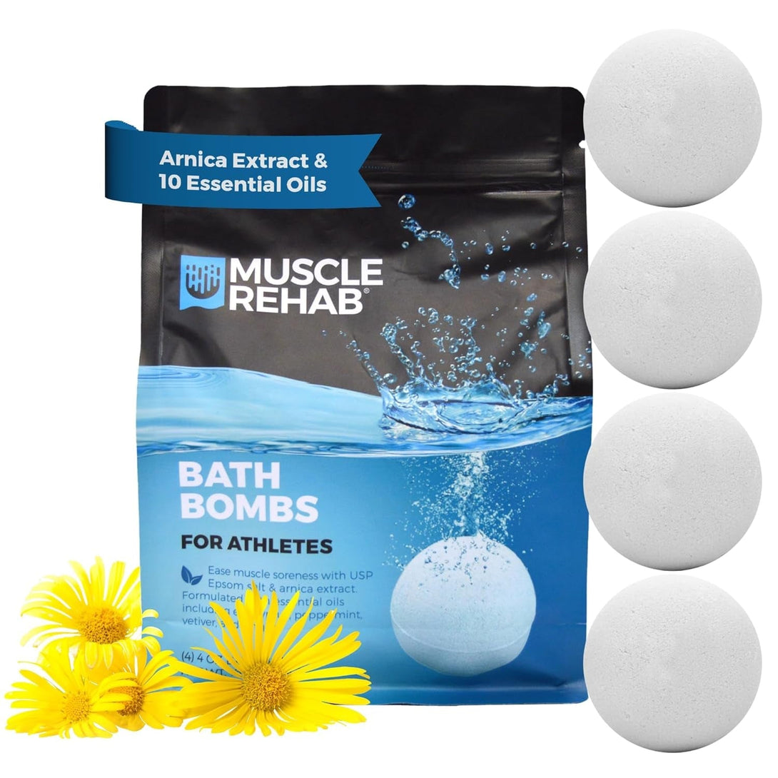 Epsom Salt Magnesium Bath Bombs – Muscle-Recovery Bath Soak for Aches & Tension with Arnica, Clary Sage, & Eucalyptus – Fast-Absorbing Muscle Soak for Exercise, Gifting, & Muscle Rehab, 4 Bombs