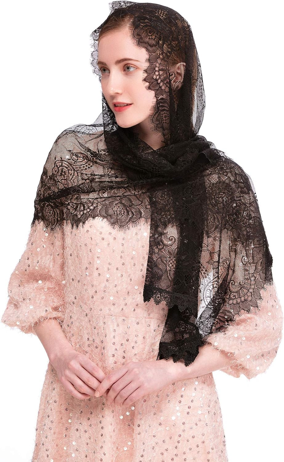 PAMOR Chapel Veil Spanish Lace Floral Mantilla Veils Wrap Shawl Mass Head Covering Rectangular Shape