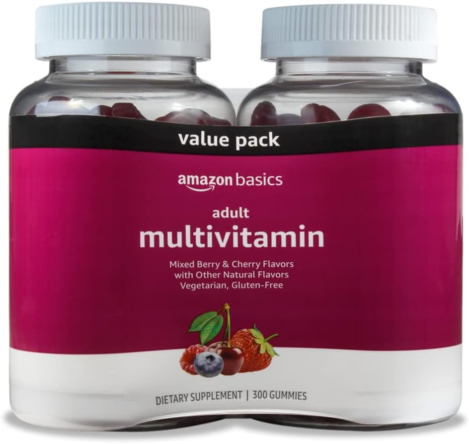 Amazon Basics Adult Multivitamin Gummies, Mixed Berry & Cherry, 150 Gummies, 75-Day Supply, Pack of 2 (Previously Solimo)