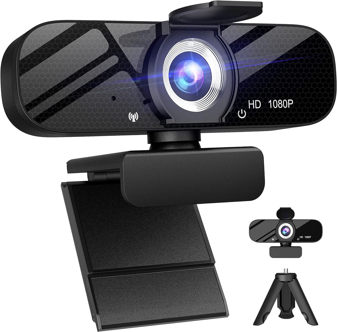 Full HD 1080P Webcam with Microphone, Wide Angle, Rotatable Tripod, Privacy Cover
