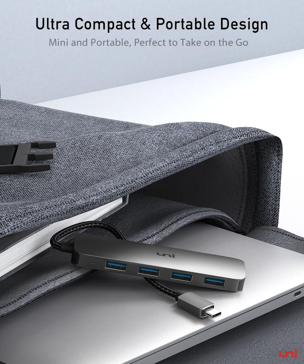 Uni USB C to USB Hub Multiport Adapter, Aluminum 4 Ports USB C Splitter for Laptop, Slim Thunderbolt 3/4 Data USB Hub Compatible for Macbook Pro/Air, Ipad Pro, Dell, Chromebook | Keyboard, Mouse, HDD