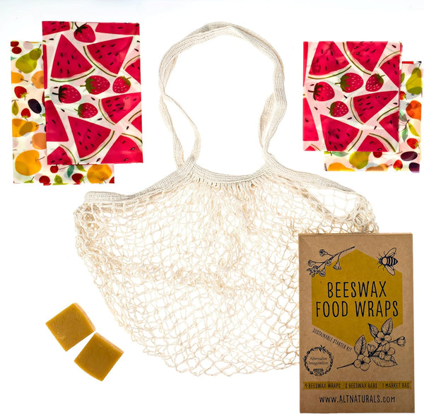 7 Pc Beeswax Wraps for Food Snacks, Sandwich, Bread - Reusable Eco Friendly Kitchen Storage and Zero Waste - 4 Wraps, 2 Beeswax Bars and Cotton Mesh Market Bag - Alternative Imagination