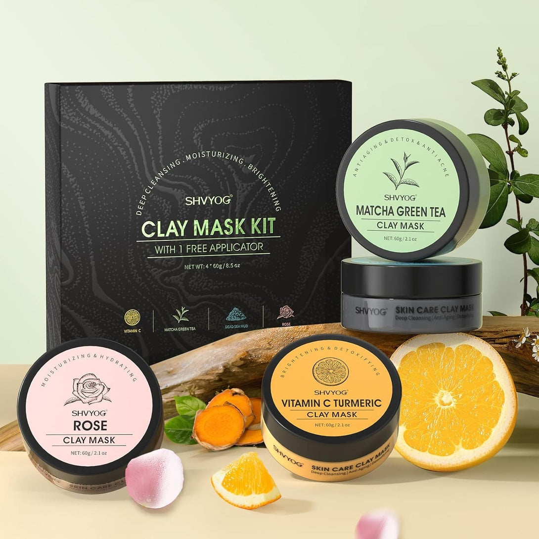 4 Pcs Clay Facial Mask Set - Turmeric, Vitamin C, Green Tea, Dead Sea Mud, and Rose Clay Skin Care Mask for Deep Cleansing, Moisturizing, and Refining Pores - 240G
