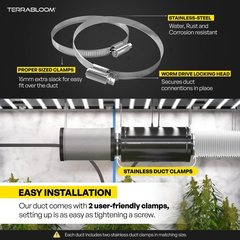 Terrabloom Flexible 6 Inch Ducting – White 25 Feet Flex Aluminum Duct with 2 Clamps – 4 Layer HVAC Ventilation Air Hose - Great for Grow Tents, Dryer Rooms, House Vent Register Lines