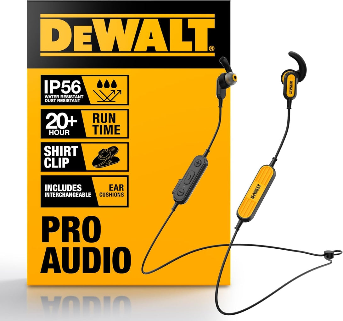 DEWALT Heavy Duty Neckband Bluetooth Earbuds, Wireless Bluetooth 5.2 Headphones W/Microphone, Lightweight Comfort, IP56 Waterproof, Deep Bass Strong Beat, 20H Playtime, Jobsite Behind-Neck Earphones
