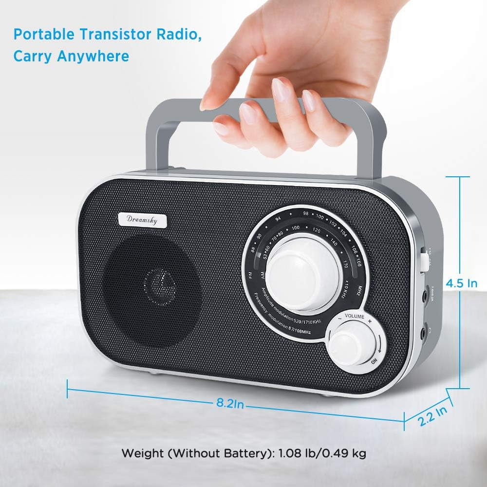 Dreamsky AM FM Portable Radio Plug in Wall or Battery Operated for Home & Outdoor, Strong Reception & Sound, Large Dial Easy to Use, Transistor Antenna, Headphone Jack, Small Gifts for Seniors Elderly