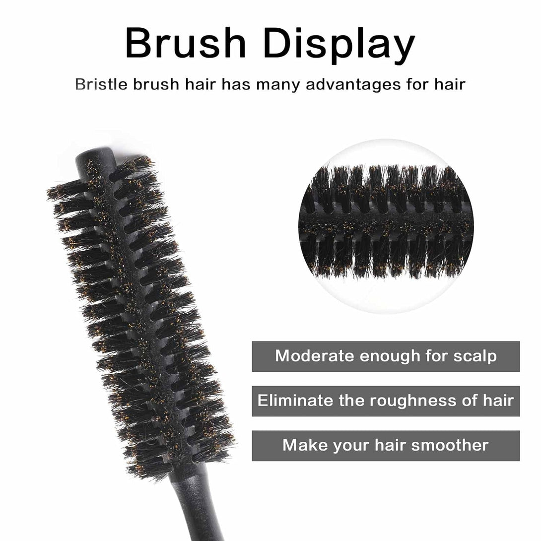 Round Mini Portable Curling & Beard Hair Brush with Natural Wooden Handle - Boar Bristle Blow Drying & Styling Brush for Women and Men