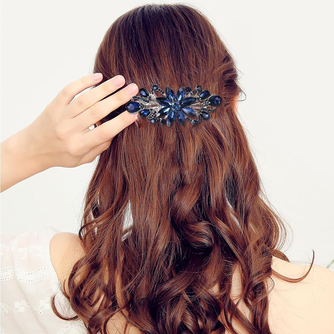 Flower Luxury Jewelry Design Hairpin Rhinestone Hair Barrette Clip,Also Perfect Mother'S Day Gifts for Mom(Dark Blue)