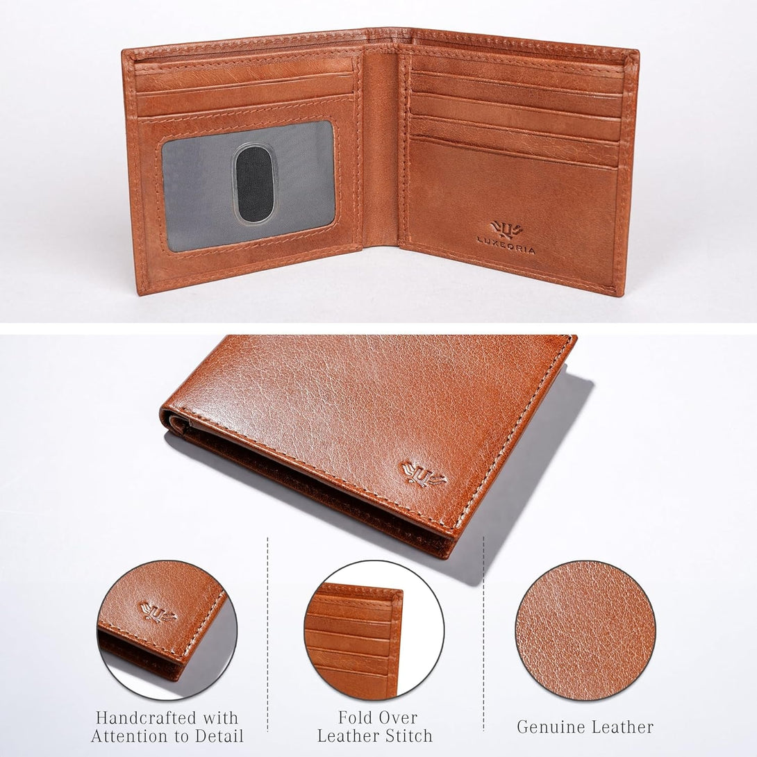 LUXEORIA Genuine Leather Wallet for Men, Handcrafted Travel Wallet, Minimalist Mens Slim Bifold Wallet, Anti-Theft RFID Blocking Wallet for Men'S, Bi-Fold - Tan Brown