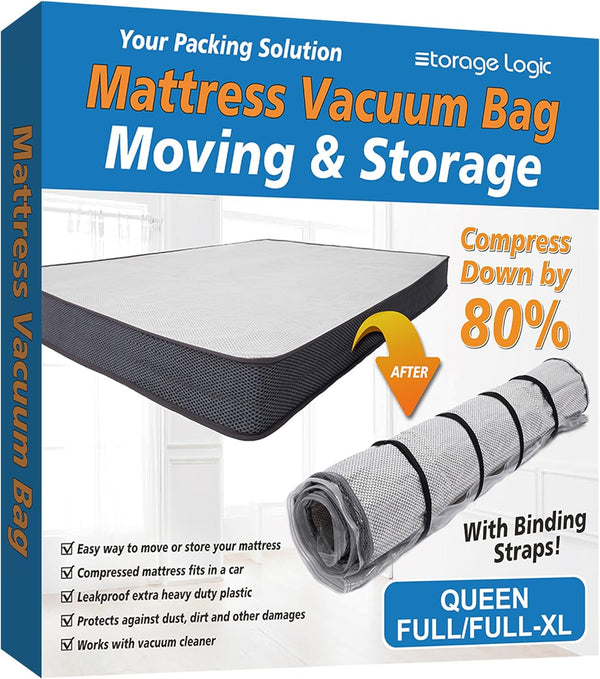 Queen/Full/Full-Xl Foam Mattress Vacuum Bag for Moving, Vacuum Seal Mattress Bag with Straps