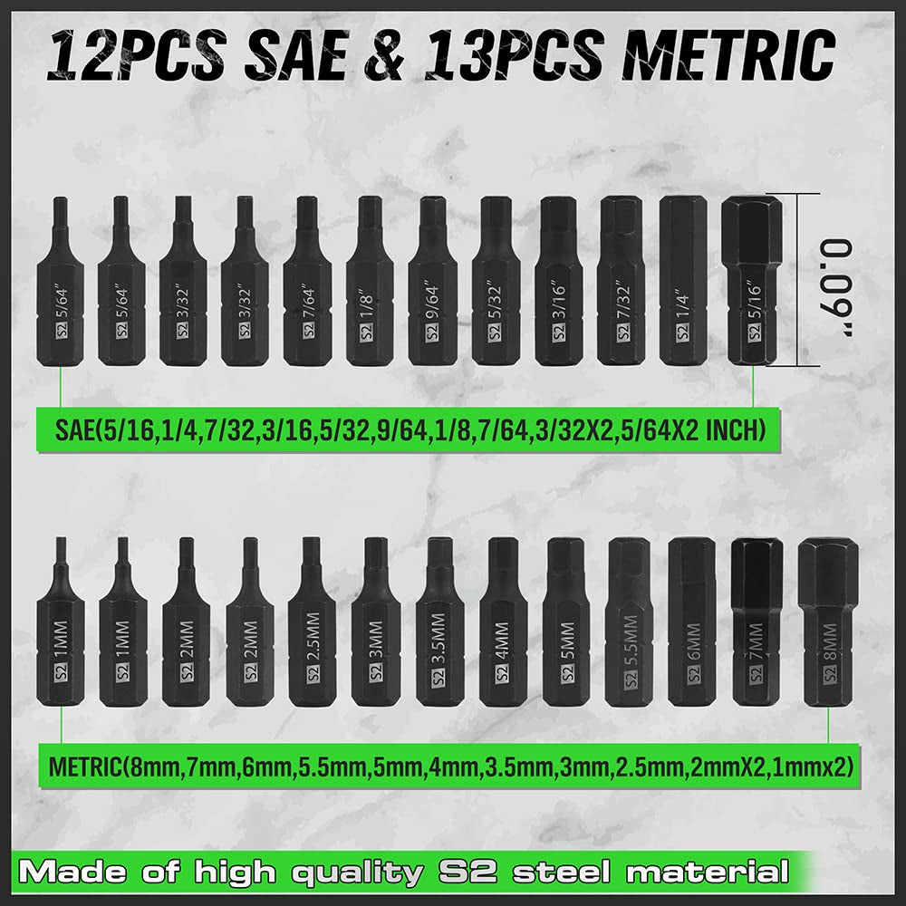 SWANLAKE 26-Piece Hex Head Allen Wrench Drill Bit Set, 1/4Hex Shank Quick Change Bit Holder, Metric and SAE S2 Steel Hex Bits Set