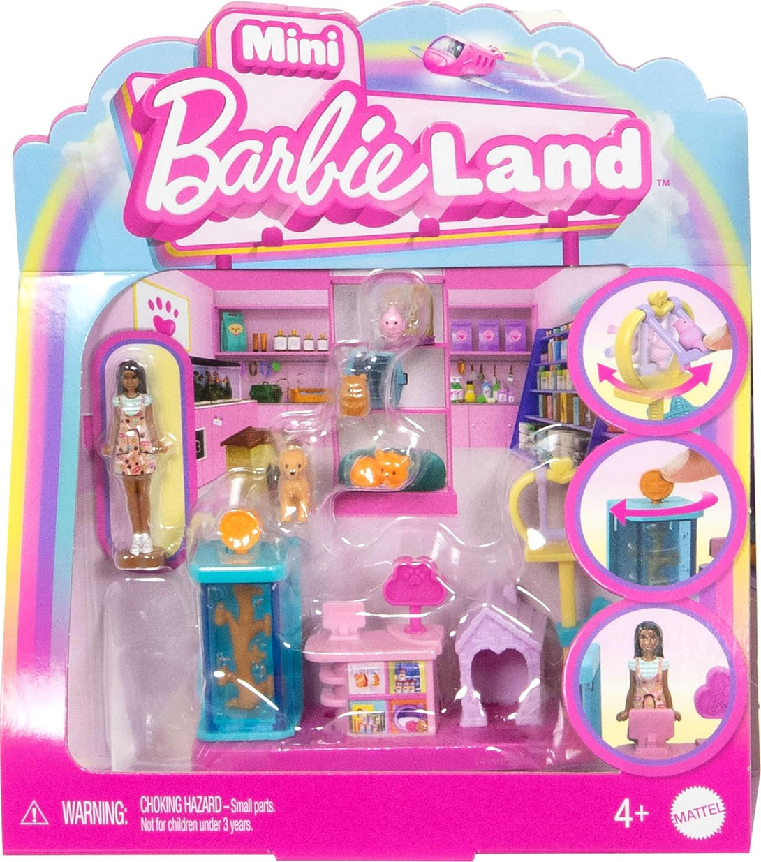 Barbie Mini Barbieland Collectible Pet Boutique Playset with 1 1/2-Inch Doll, Pet Product Display, Check Out Stand, Pet House & Cat Baskets for Storytelling Play