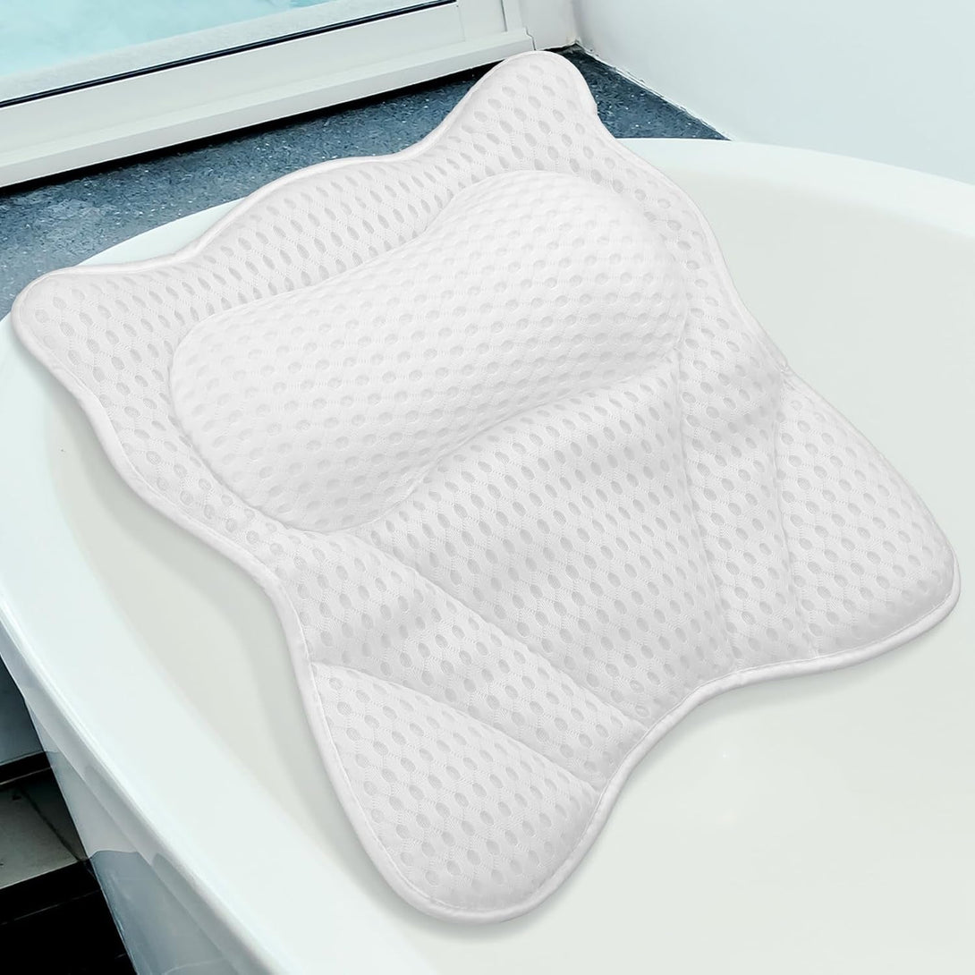 Thick Padded Ergonomic Bath Pillow for Tub, Support for Head Neck and Back, Slip-Resistant, Machine Washable Breathable Quick Dry Mesh Bathtub Headrest Pillows, Spa Rest Accessories, White
