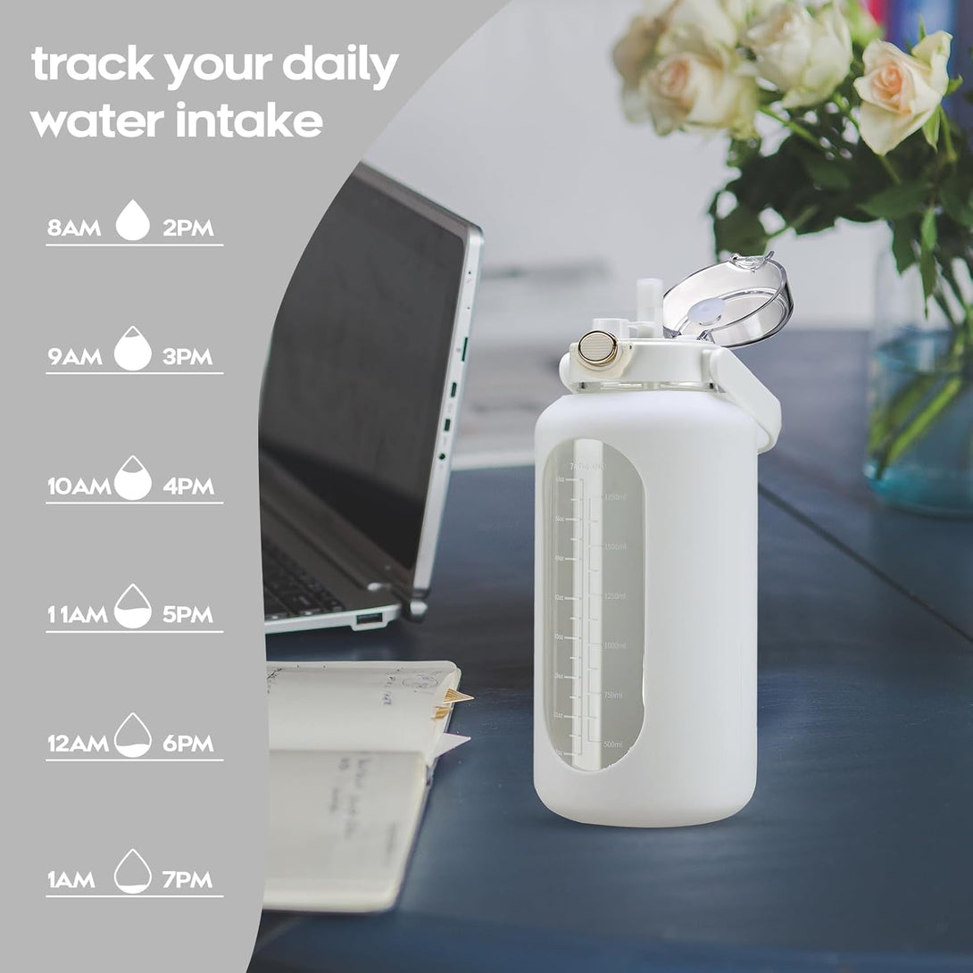 74 Oz Glass Water Bolttles with Straw Large Motivational Water Bottle with Time Marker Sports Water Bottles with Silicone Sleeve and Handle Lid 2.2L Water Jug for Gym Workout