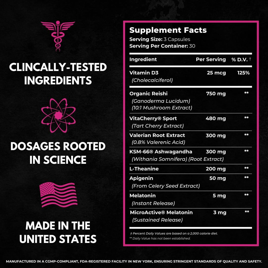 8-In-1 All-Natural Sleep Aid Supplement for Recovery, Immunity, & Sleep Support | Organic Reishi & Valerian Root | Ashwagandha Root & Vitacherry Sport | Apigenin & L-Theanine | Melatonin & Vitamin D3
