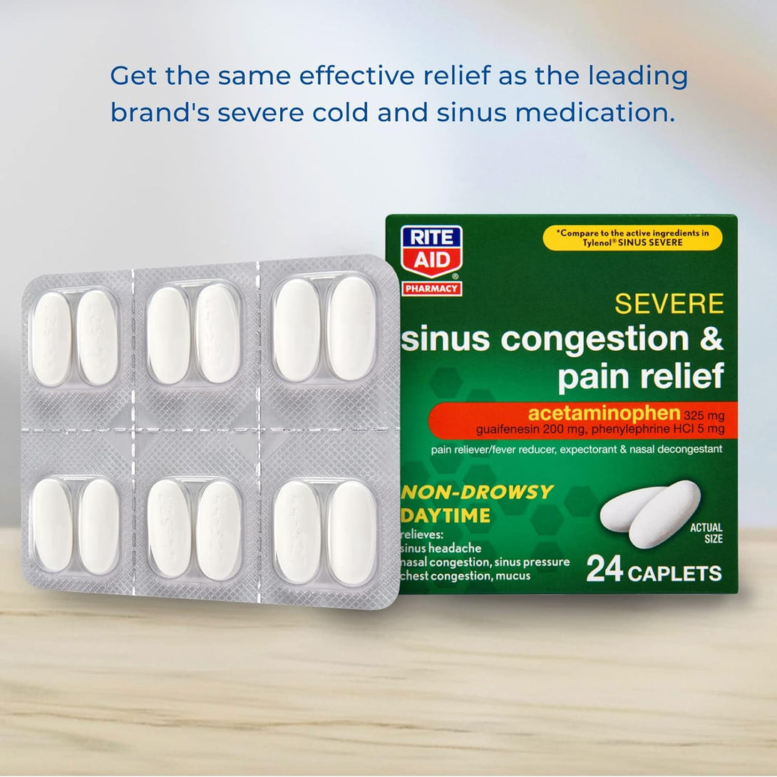 Rite Aid Daytime Severe Sinus Congestion & Pain Relief - Acetaminophen, 325 Mg - 24 Caplets | Multi-Symptom Non-Drowsy | Relief | Cold and Flu | Cold & Sinus Medicine for Adults