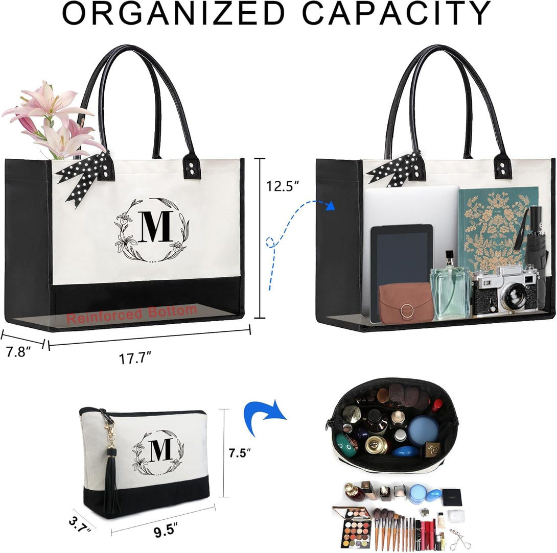 Beegreen Mother'S Day Gifts Personalized Women'S Large White and Black Canvas Tote Bag, Embroidered Initials, Leather Handle, Zipper Closure