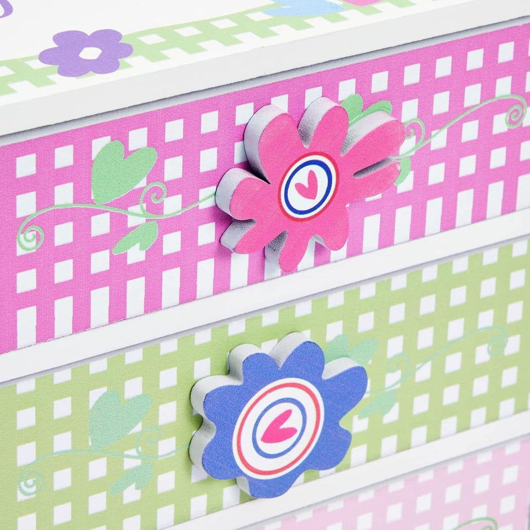 Juvale Small Floral Jewelry Box for Little Girls Aged 4 to 13 - Kids Wooden Organizer with 3 Drawers for Necklaces and Earrings