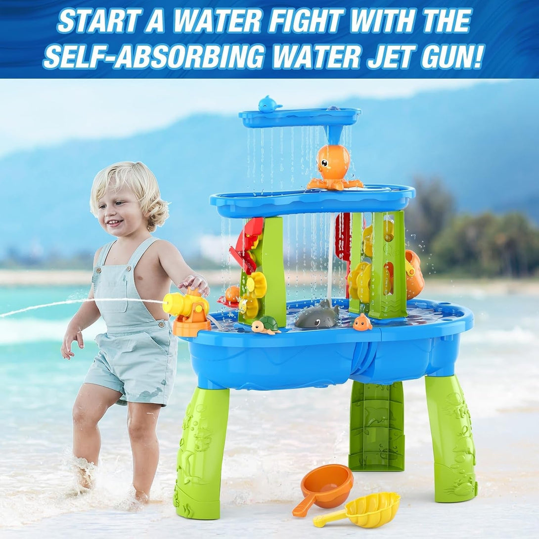 Auto Water Table for Toddlers 3-5 with Water Pumb, 3-Tier Kids Sand Water Table, Rain Showers Splash Pond for Outdoor Beach Backyard Summer, Activity Sensory Play Table for Boys Girls