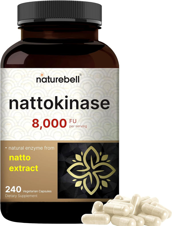 Naturebell Nattokinase Supplement 8,000 FU per Serving, 240 Veggie Capsules | Traditional Natto Extract Source – Max Strength Enzyme & Heart Health Support – Non-Gmo