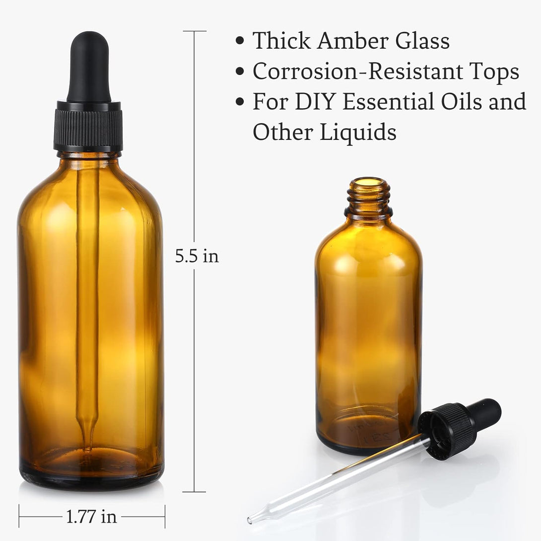 AOZITA 4 Pack, 100Ml Dark Amber Dropper Bottles with 1 Funnels & 4 Labels - 3.4Oz Brown Glass Tincture Bottles with Eye Droppers for Essential Oils, Liquids - Leakproof Travel Bottles