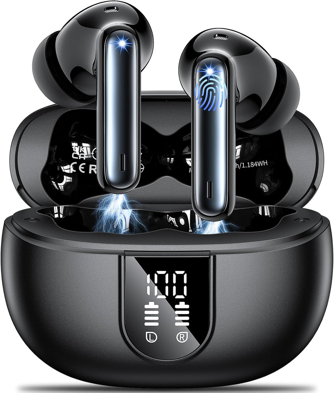 Wireless Earbuds Headphones Bluetooth 5.3 with 4 ENC Noise Cancelling Mics,Hi-Fi Stereo in Ear Ear Buds with LED Screen,42H Duration Playback,Ipx6 Waterproof Earphones for Ios Android Black