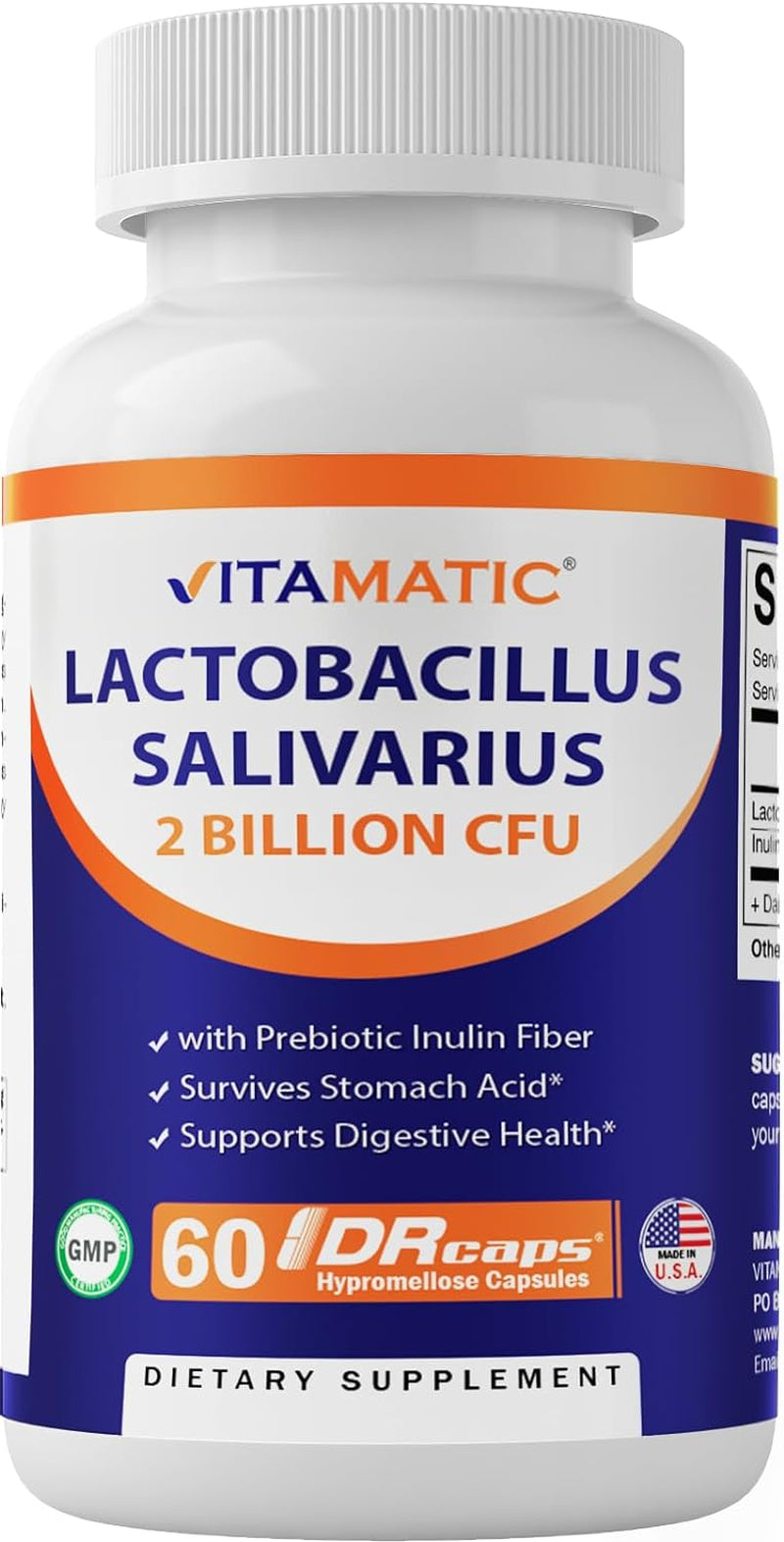 Vitamatic Lactobacillus Salivarius 2 Billion per DR Capsule - 60 Count - Digestive Support - Made with Prebiotic Inulin Fiber (1 Bottle)