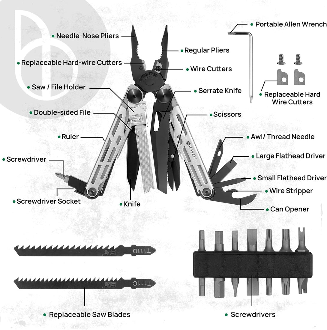 BIBURY Multitool Pliers Pro BI2045, Foldable Multitools with Replaceable Wire Cutters and Saw, Stainless Steel Multi Tool W/Upgraded Scissors and Screwdriver Set, Ideal for Camping, Fishing, Survival