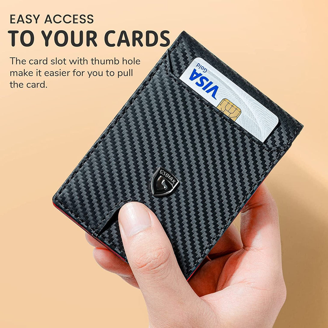 GSOIAX Mens Slim Wallet RFID Blocking Bifold Wallets for Men Minimalist Genuine Leather Carbon Fiber Card Holder Money Clip Thin Mens with Gift Box (Carbon Black and Red)