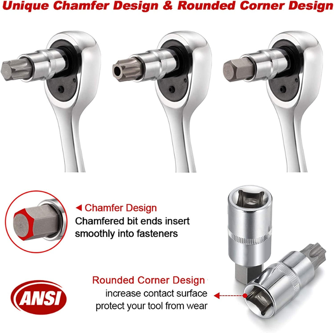 92-Piece Allen and Torx Bit Socket Set, 1/4" 3/8" and 1/2" Drive Torx/Tamper Proof Torx/Hex SAE & Metric Bit Set