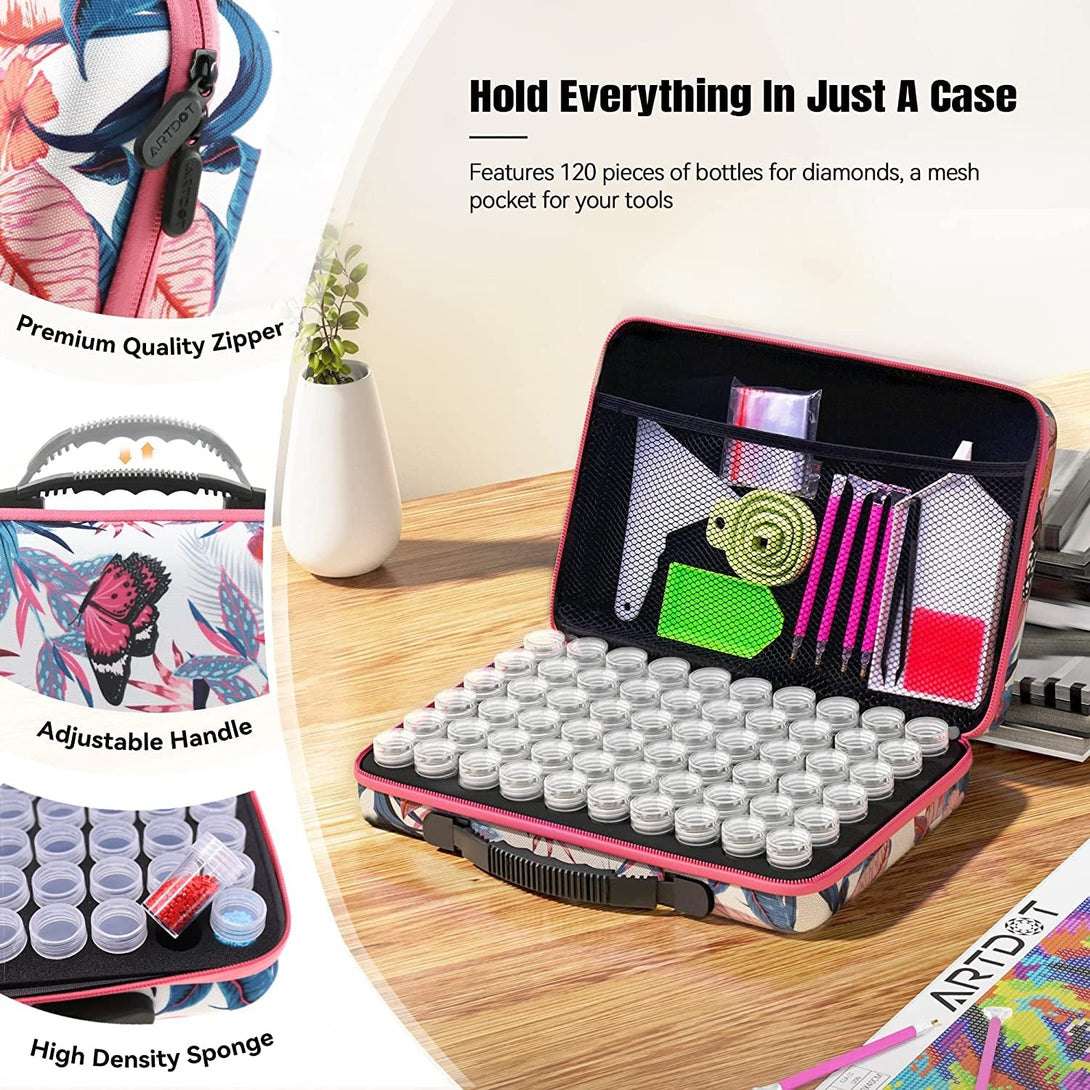 ARTDOT 60 Slots Storage Container for Diamond Art Kits for Adults,Portable Bead Storage Boxes for Diamond Painting Accessories and Tools(Pink)