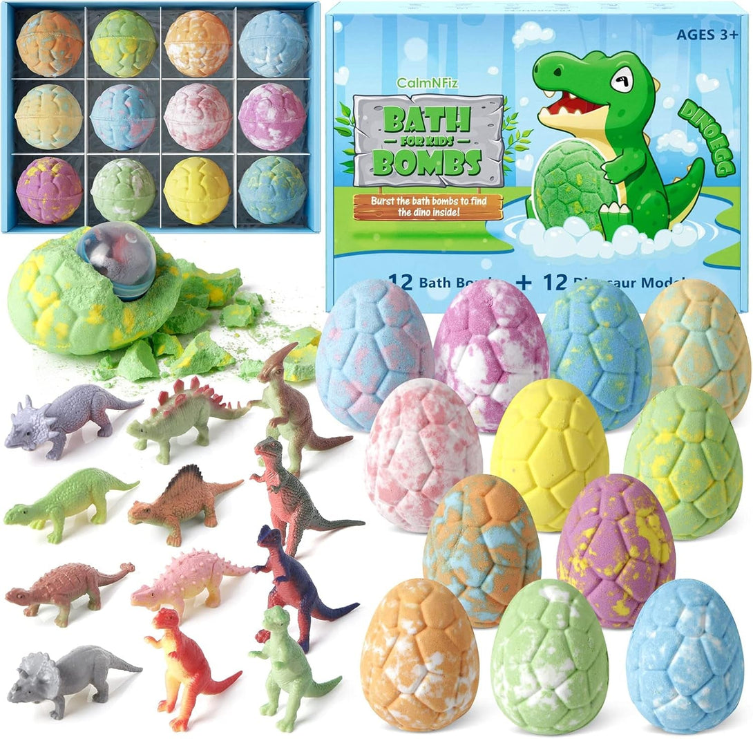 Bath Bombs with Surprise Dinosaur Toys Inside, 12 Pack Organic and Natural Bubble Bath Bombs, Stocking Stuffers for Kids, Bath Bomb Set for Her/Him,Mothers Day Presents for Mom