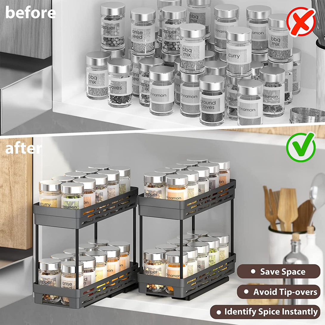 2 Packs Pull Out Spice Rack Organizer for Cabinet, Slide Out Spice Racks Organizer, Easy to Install Spice Cabinet Organizers, 4.33''Wx10.4''Dx8.5''H, Each Tier Hold 10 Spice Jars - 2 Tier