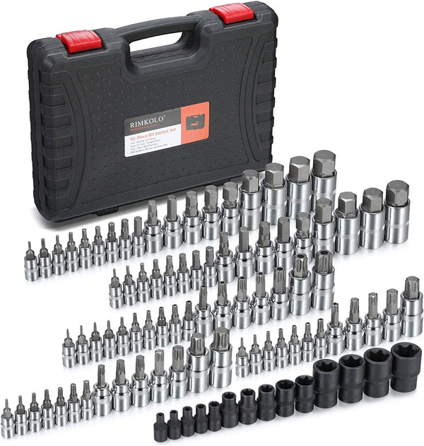 92-Piece Allen and Torx Bit Socket Set, 1/4" 3/8" and 1/2" Drive Torx/Tamper Proof Torx/Hex SAE & Metric Bit Set