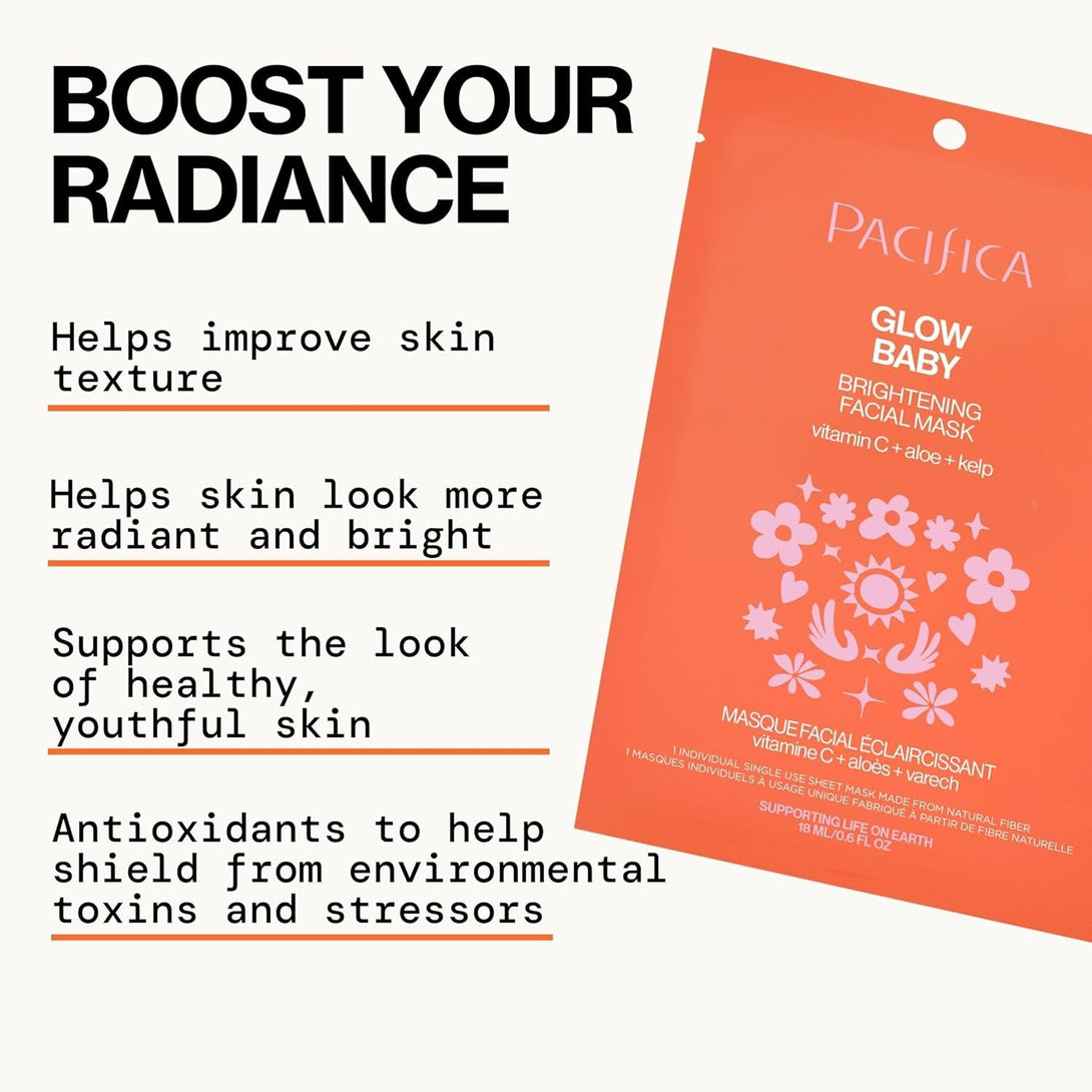 Pacifica Sheet Face Mask - Glow Baby Brightening Facial Mask W/Vitamin C, Aloe & Kelp – Cooling Mask for Dark Spots & Fine Lines - Clean Beauty Vegan & Cruelty-Free Dermatologist Tested