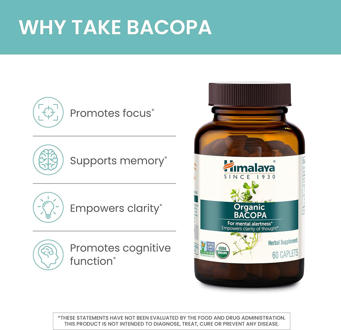 Himalaya Organic Bacopa Monnieri Nootropic Herbal Supplement, Mental Alertness, Supports Calm, Memory, Cognition, USDA Certified Organic, Non-Gmo, 750 Mg, 30 Plant-Based Caplets, 30 Day Supply