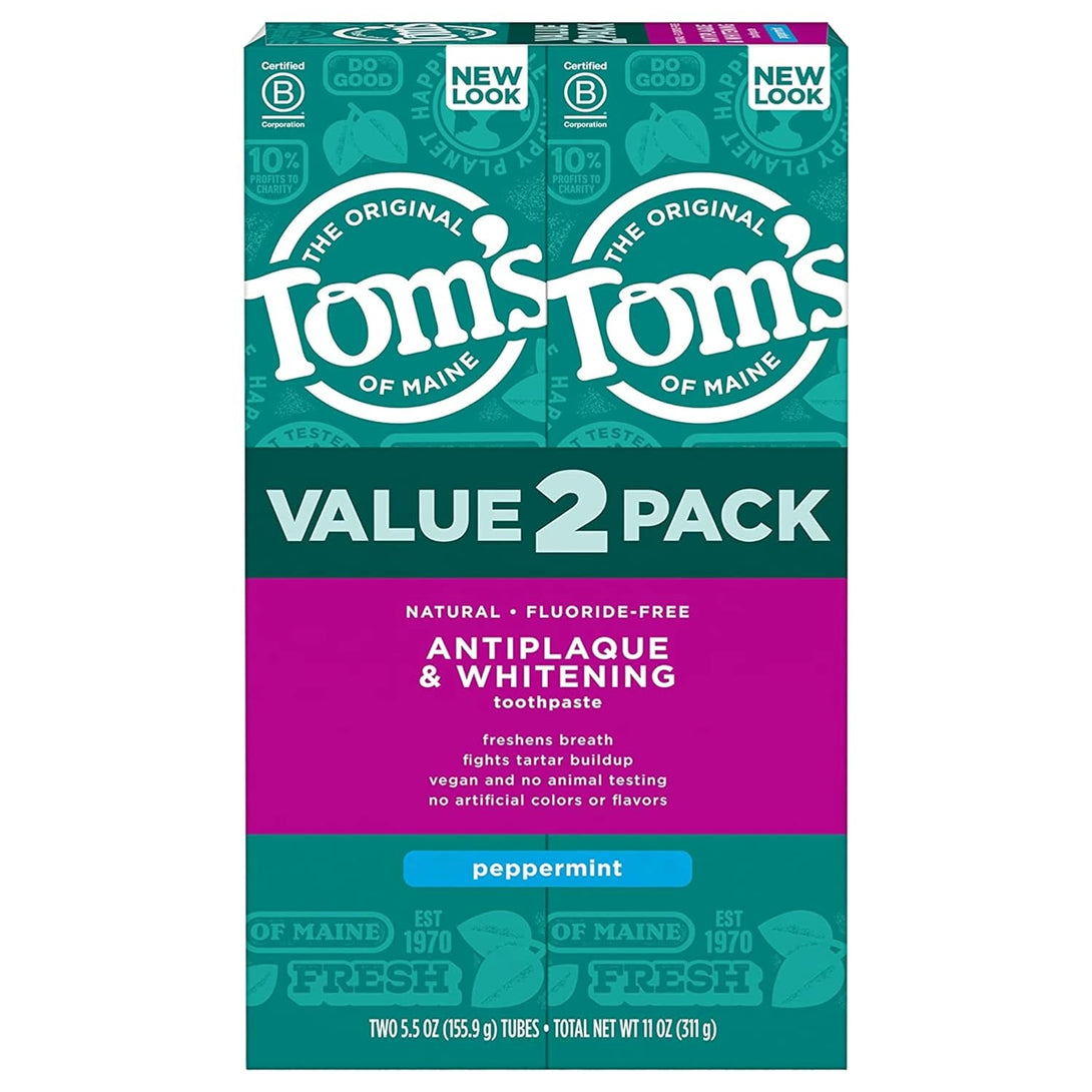 Tom'S of Maine Fluoride-Free Antiplaque & Whitening Natural Toothpaste, Peppermint, 5.5 Oz. (Pack of 2)