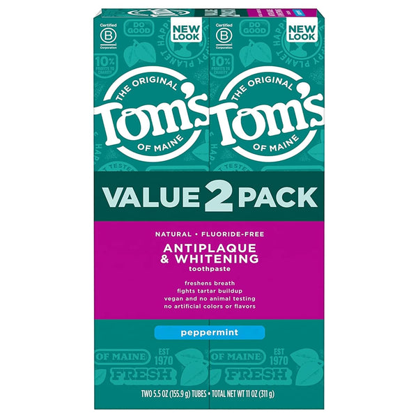 Tom'S of Maine Fluoride-Free Antiplaque & Whitening Natural Toothpaste, Peppermint, 5.5 Oz. (Pack of 2)