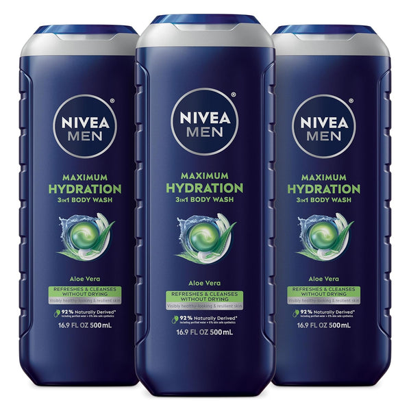 NIVEA MEN Maximum Hydration Body Wash with Aloe Vera, Long-Lasting Hydrating Body Wash for Men, 3 Pack of 16.9 Fl Oz Bottles