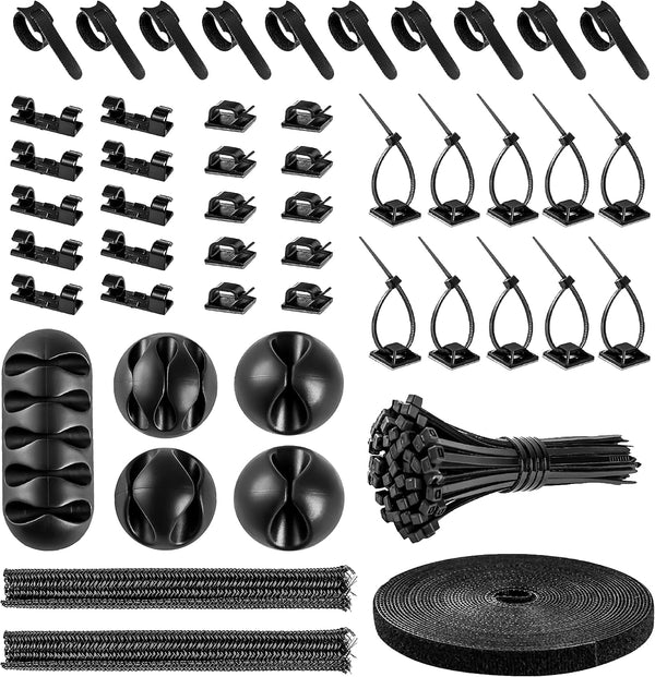Cable Management Organizer Kit 2 Cable Sleeve Split with 41Self Adhesive Cable Clips Holder, 10Pcs and 2 Roll Self Adhesive Tie and 100 Fastening Cable Ties for TV Office Home Electronics Etc