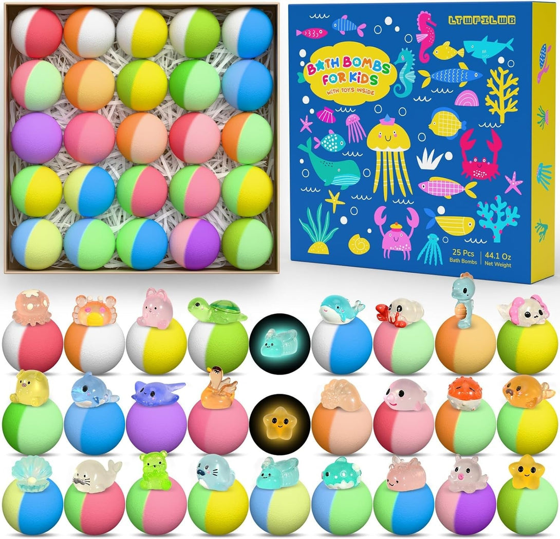 Bath Bombs for Kids with Surprise Toys Inside, 25 Pack Natural Bath Bombs with Glow in the Dark Sea & Land Animal Toys, Handmade Organic Safe Fizzy Salt Balls Gift Set for Boys Girls Toddlers