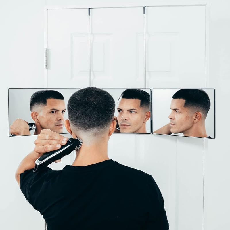 Self-Cut System Travel Version - Three Way Mirror for Self Hair Cutting with Height Adjustable Telescoping Hooks and Free Educational Mobile App