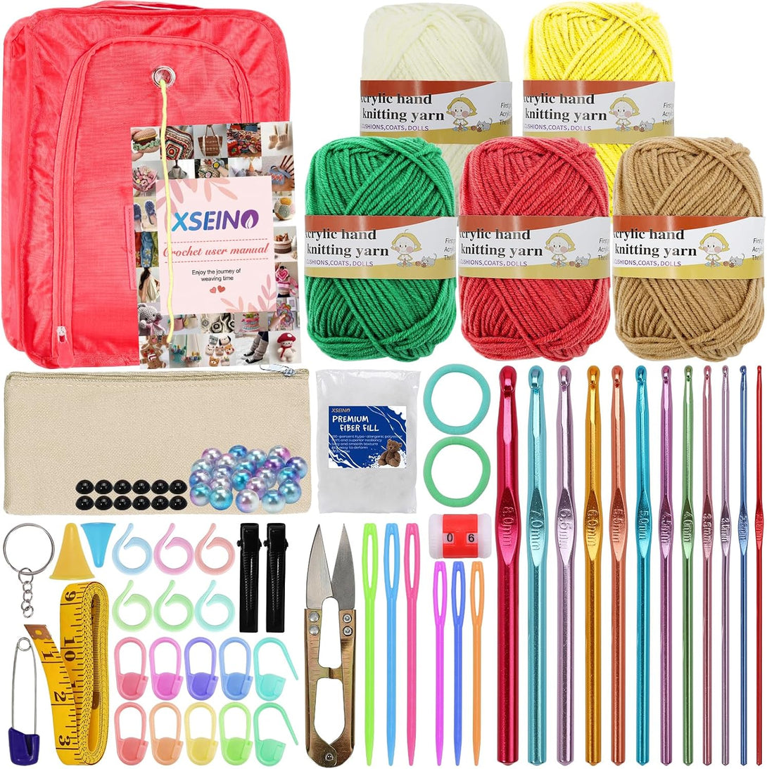 XSEINO Crochet Kit with Crochet Hooks Yarn Set - Premium Bundle Includes 5 Colors Crochet Yarn Balls, Crochet Kit, Accessories Kit, Crochet Bag and Lot More - Starter Pack for Beginners