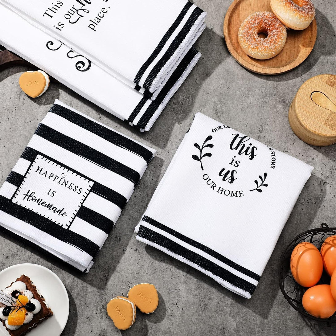 Honoson 4 Count Kitchen Dish Towels Spring Farmhouse Hand Tea Towels Absorbent Quick Dry Dish Cloths Polyester Cleaning Cloth for Summer Home Gifts Kitchen Supplies(White,Stripe Style)